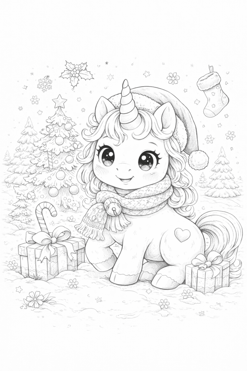 Página para colorear de Navidad en blanco y negro de un lindo unicornio con sombrero navideño, copos de nieve y ambiente invernal