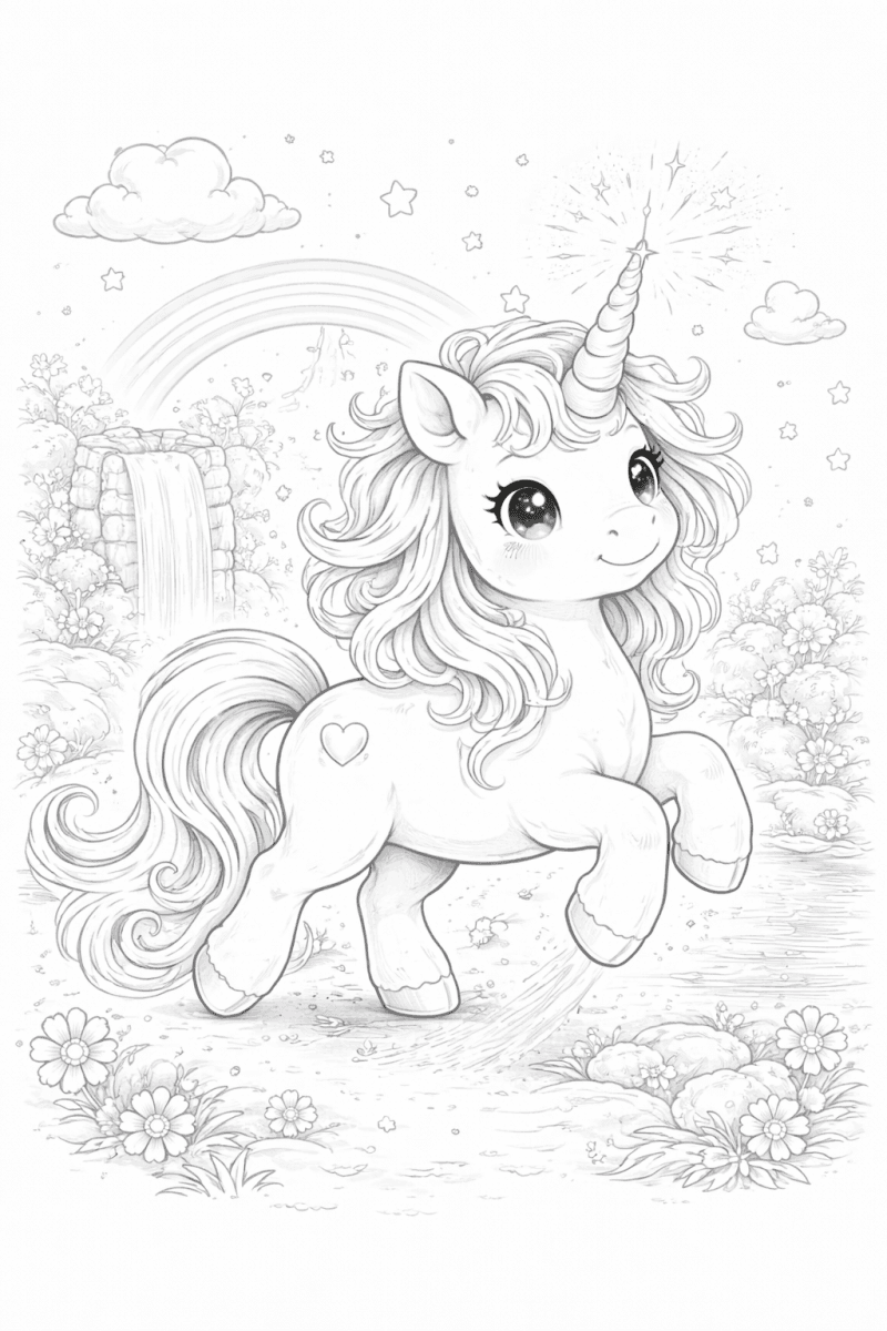 Disegno da colorare in bianco e nero di un unicorno magico con corno scintillante, arcobaleno, cascata e stelline