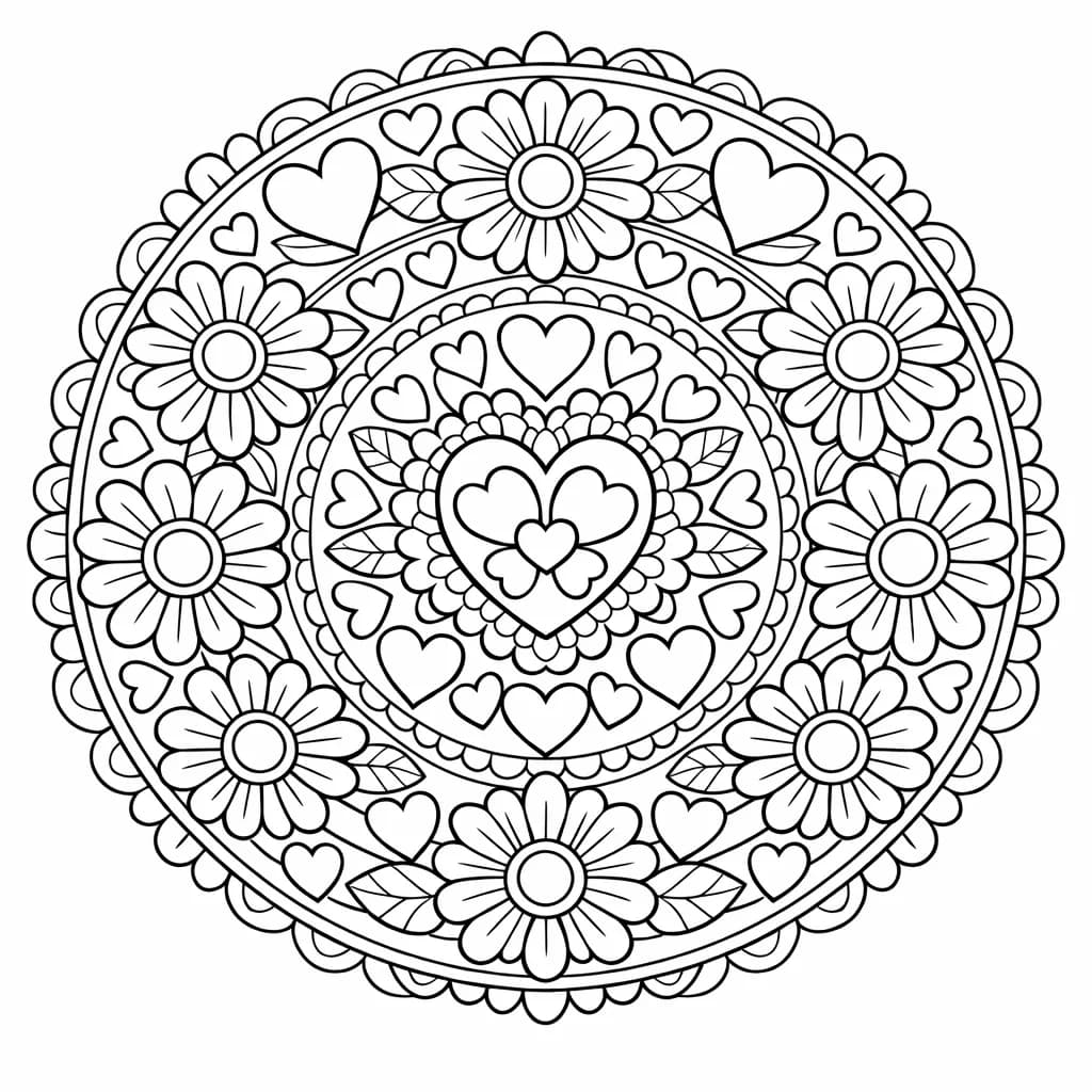 Мандала със сърца и цветя – страница за оцветяване