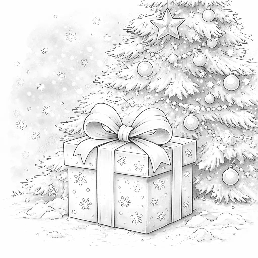 Imagen navideña en blanco y negro para colorear de un regalo con lazo bajo un árbol decorado con nieve y copos de nieve.