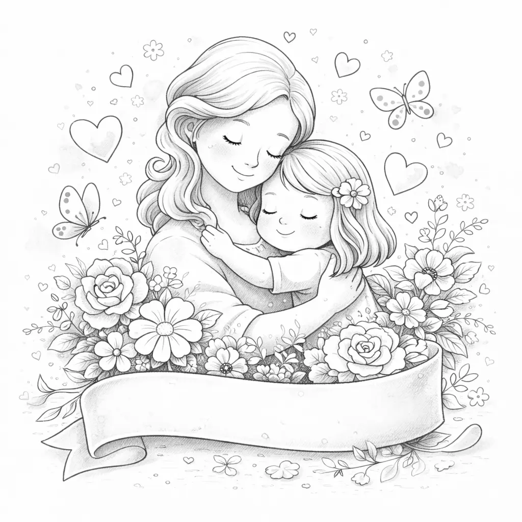 Черно-бяла картинка за оцветяване на майка и дъщеря в прегръдка с цветя, сърца и празна лента за послание