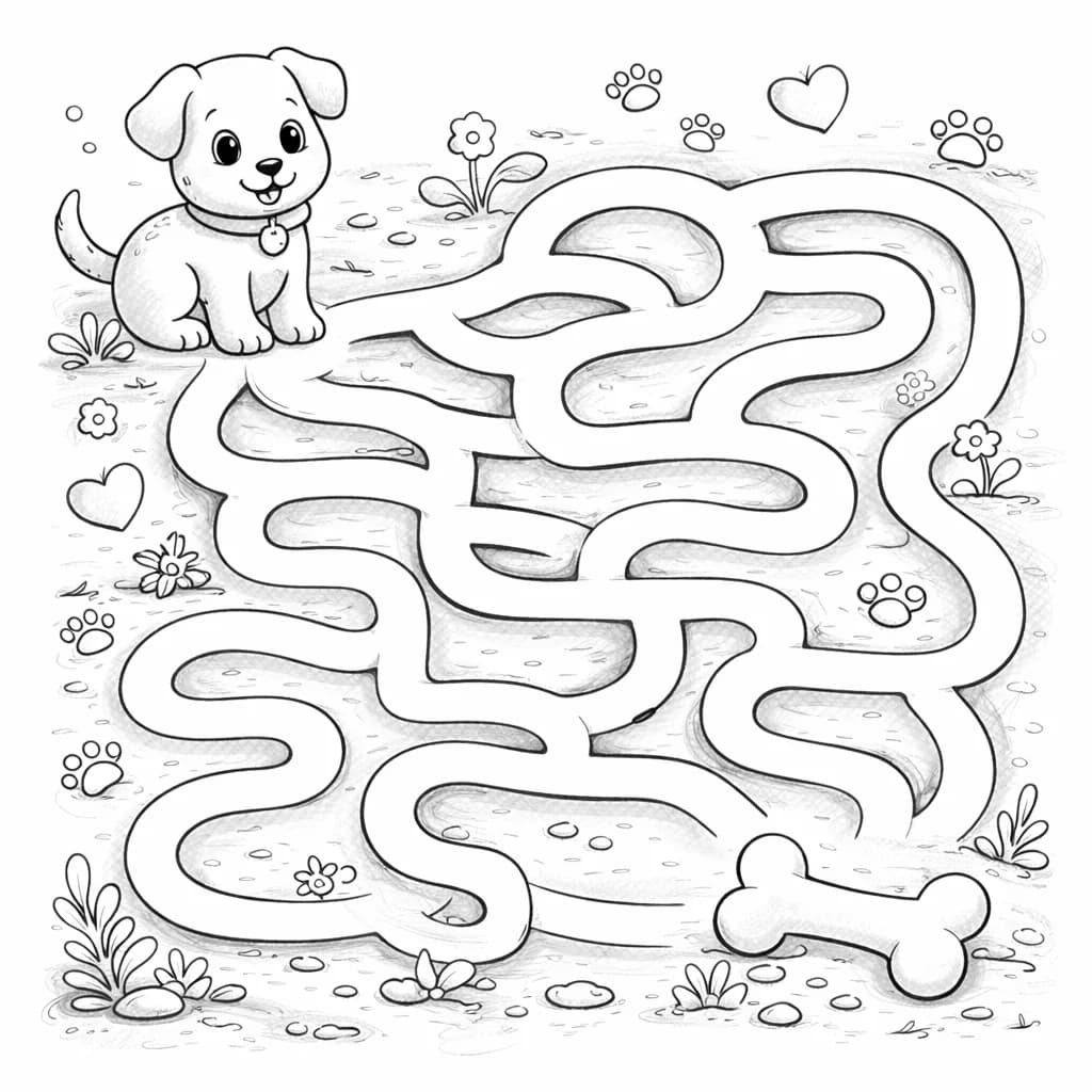 Лабиринт со щенком и костью для раскраски