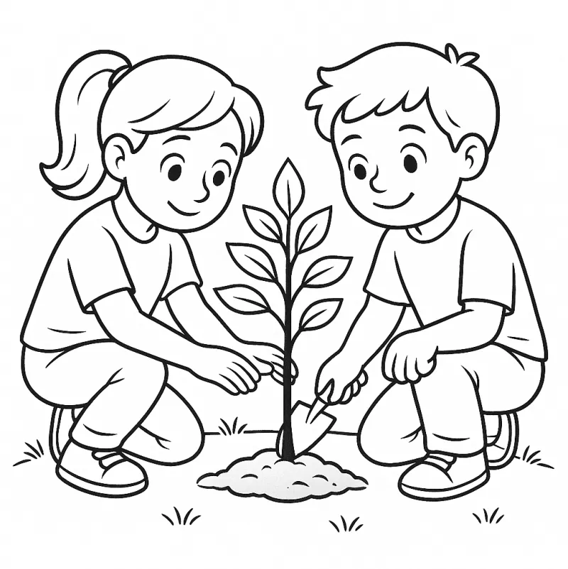 Disegno in bianco e nero di una bambina e un bambino inginocchiati sull’erba, sorridenti mentre piantano con cura un piccolo albero. Creato per essere stampato e colorato per la Giornata dell'Albero.