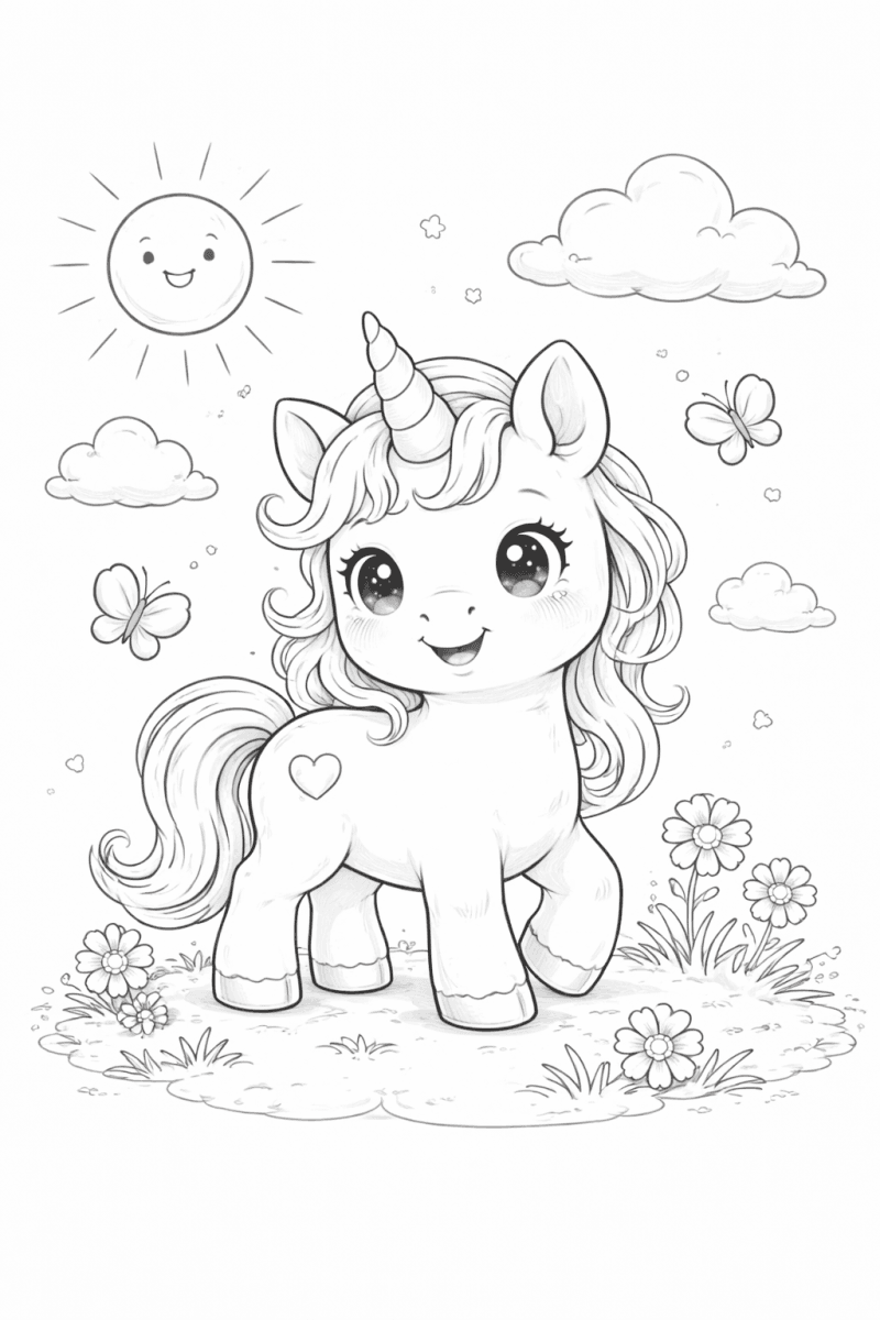 Черно-бяла картинка за оцветяване на лесен еднорог за малки деца, заобиколен от цветя, пеперуди и усмихнато слънце