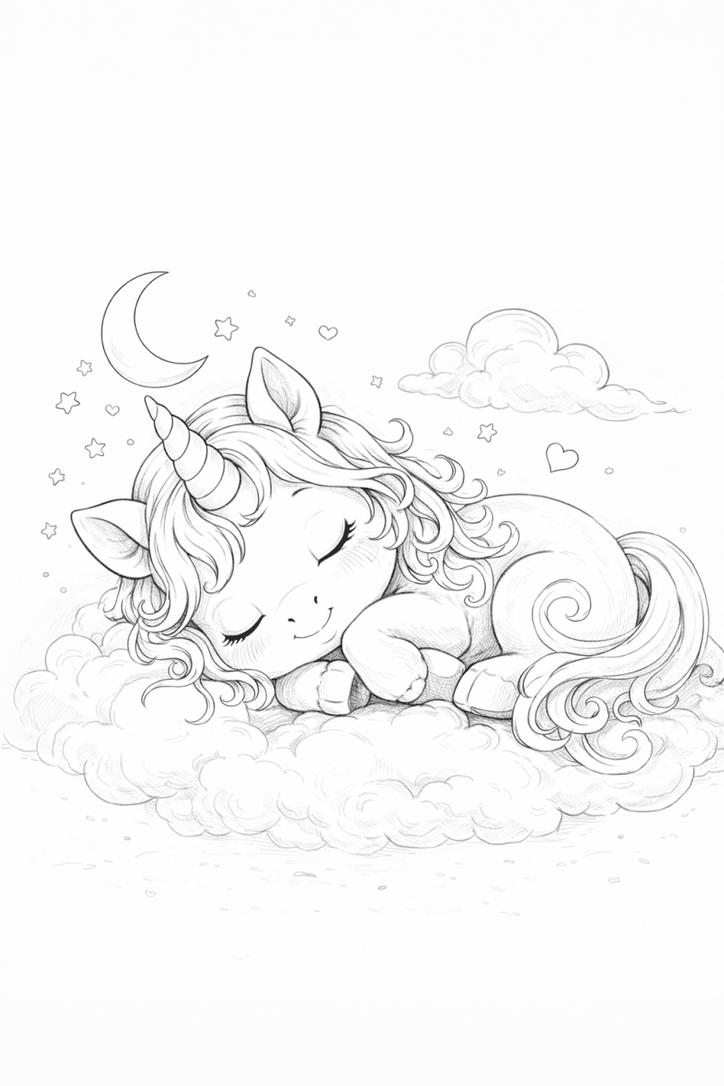 Черно-бяла картинка за оцветяване на спящо еднорогче, сгушено върху облак под луна и звездички