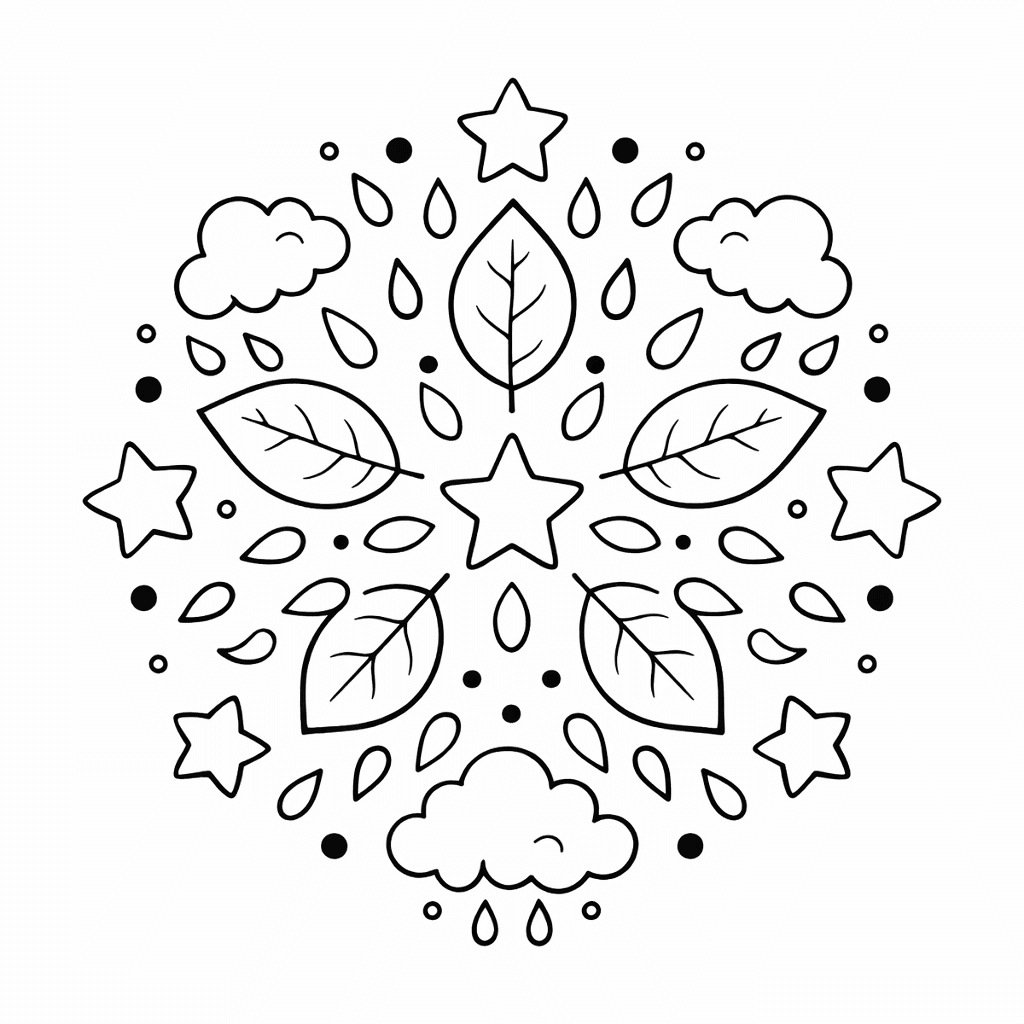Черно-бяла детска мандала за оцветяване с природни форми – листа, облаци, звезди и капки