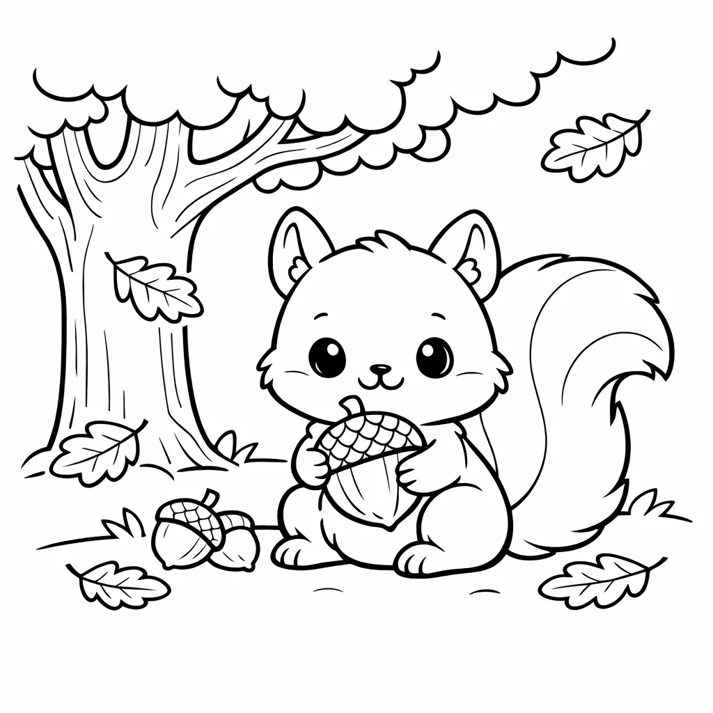 Autumn coloring page of a fluffy squirrel holding an acorn under an oak tree with falling leaves
