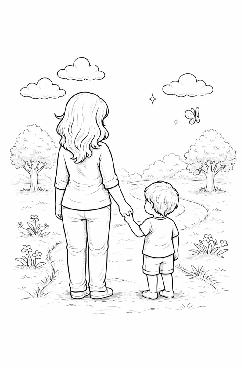 Mère et enfant se tenant la main dans un parc - photo à colorier