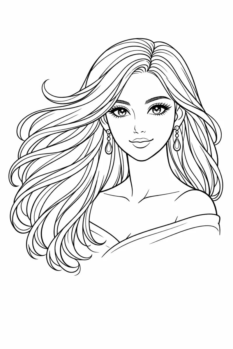 Портрет на жена с дълга коса – страница за оцветяване