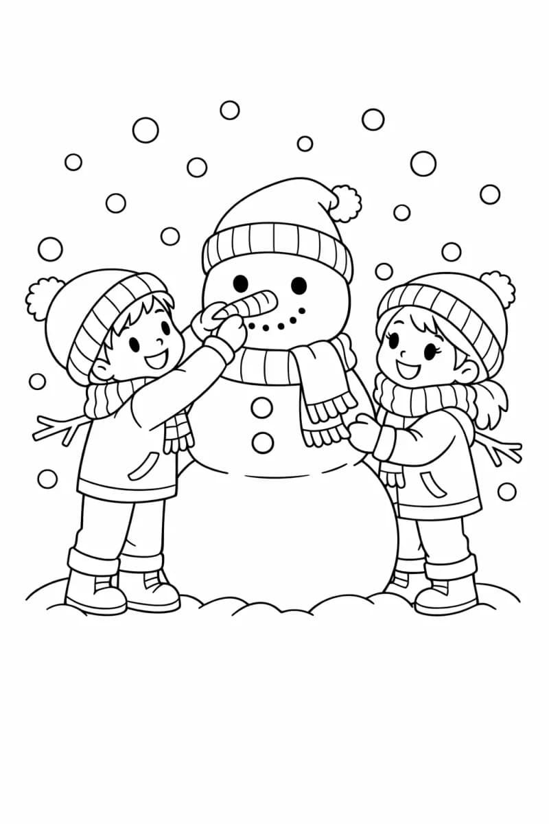 Two children building a snowman with carrot nose, scarves and mittens in falling snow — winter holiday scene