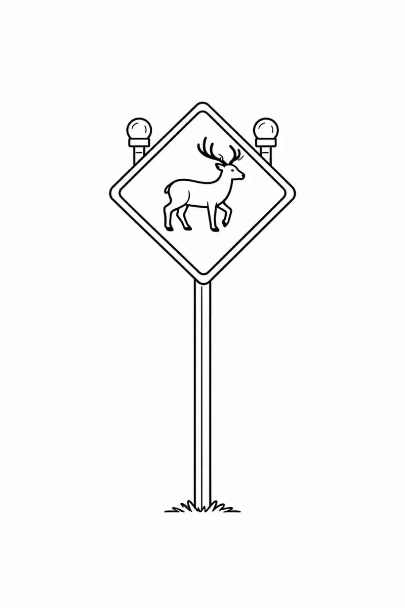 страница за оцветяване за деца с пътен знак за елени при пресичане на животни и безопасност на пътя