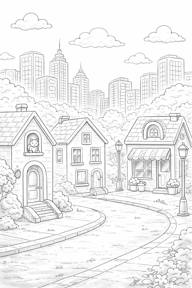 Очарователна градска улица за оцветяване с много детайли