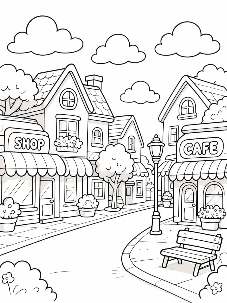 small town coloring page with cozy houses and shops street scene for kids