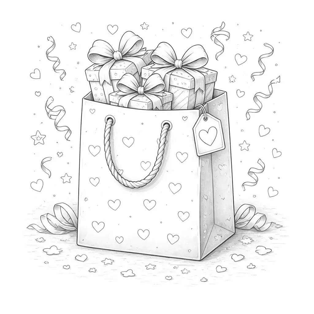 Immagine da colorare in bianco e nero di una borsa piena di piccole scatole regalo e nastri