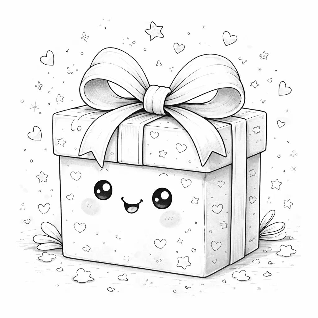 Image kawaii en noir et blanc à colorier d'une boîte cadeau avec un visage souriant et un grand nœud.