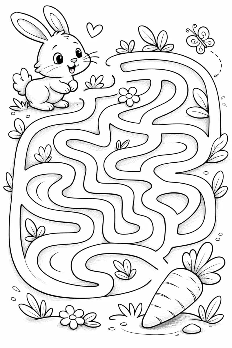 Un laberinto para colorear en blanco y negro con un lindo conejito al principio y una gran zanahoria al final.