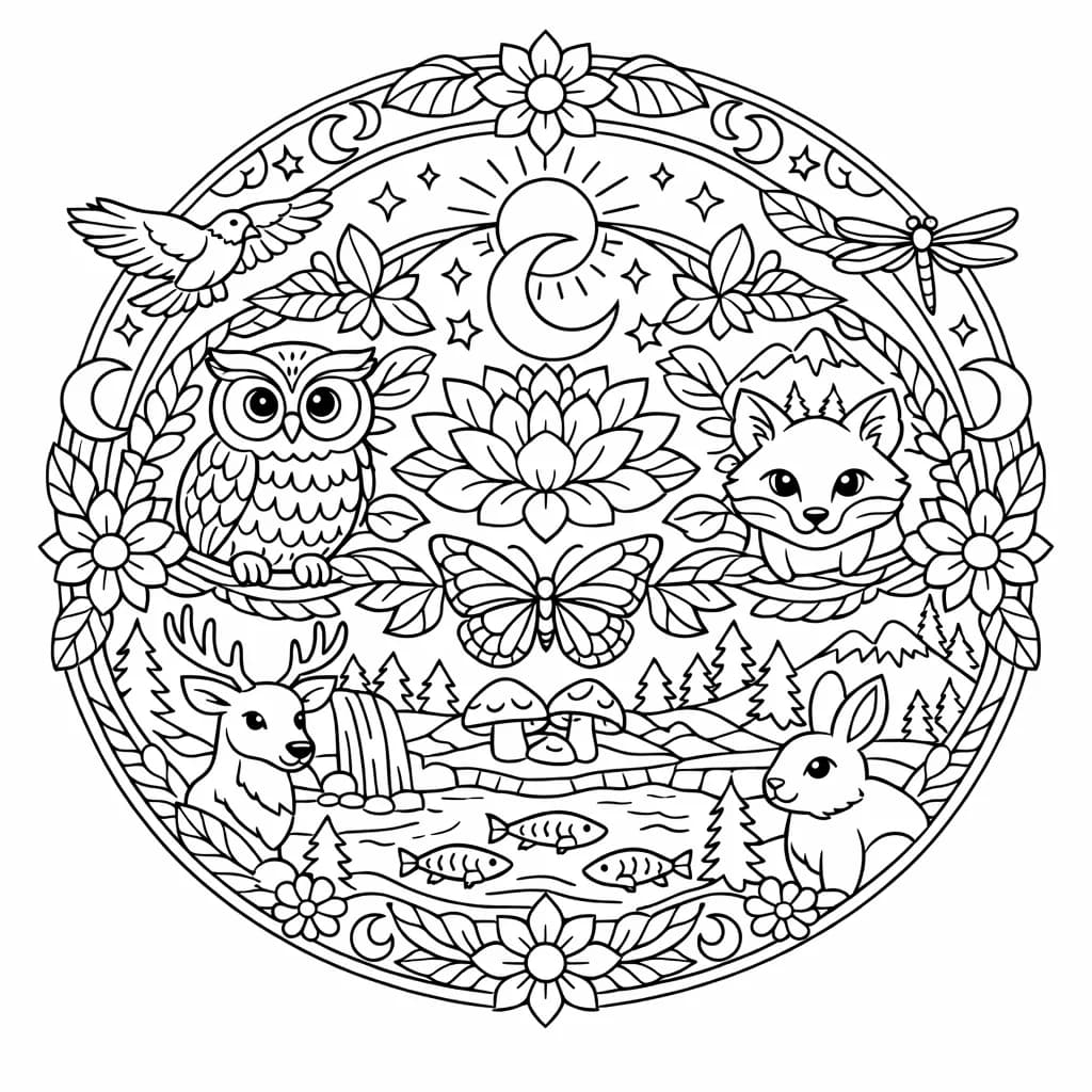 Mandala avec animaux de la forêt et motifs végétaux