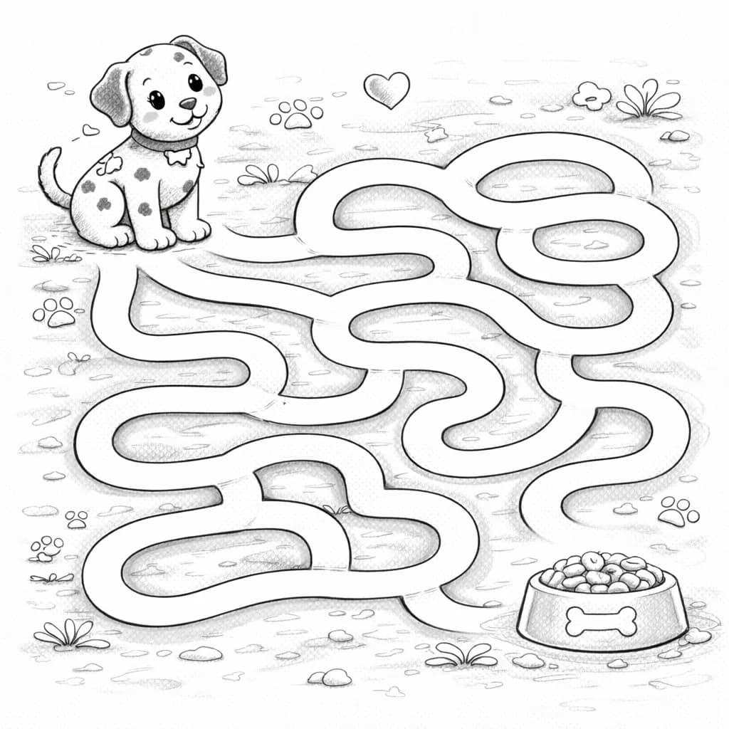 Labirinto con un cucciolo e una ciotola di cibo
