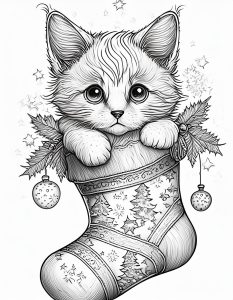 Calcetín Navideño con Gatito * Página para Colorear