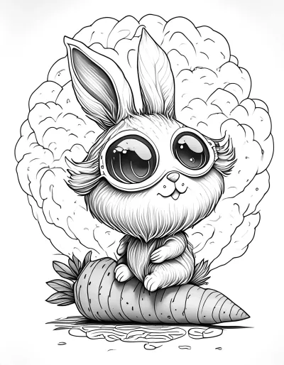 Зайче седнало върху морков * Картинка за оцветяване