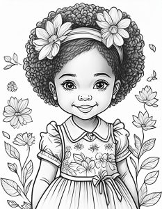 Página para Colorear Imprimible de una Chica con Ropa de Flores