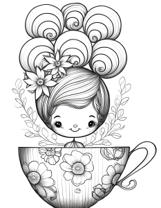 Página para Colorear de una Niña en una Taza