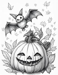 Printable Coloring Page of Pumpkin and Bats for Halloween