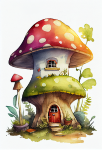 İki katlı bir mantar evinin suluboya çizimi