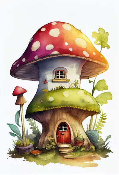 Рисунка с водни бои на къща гъбка на два етажа