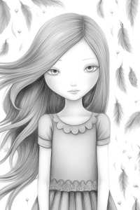 Page de coloriage imprimable d’une fille avec des plumes