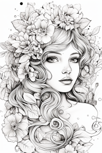 Page à colorier d’une fille avec des fleurs dans les cheveux * À imprimer