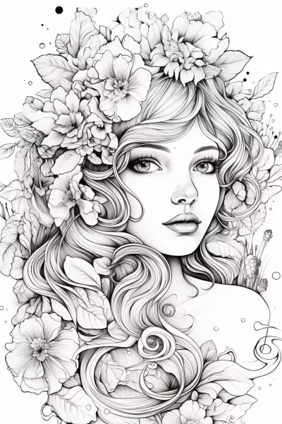 Момиче с цветя в косата * Рисунка за оцветяване
