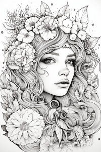 Page de coloriage pour adultes d’une belle fille avec des fleurs dans les cheveux
