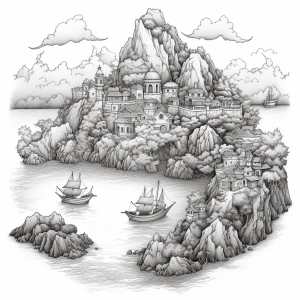 Page de coloriage imprimable d’un bel île avec des petites maisons et des bateaux * Dessin d’été