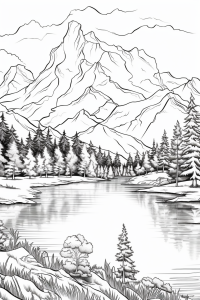 Page à colorier imprimable d’une rivière en montagne