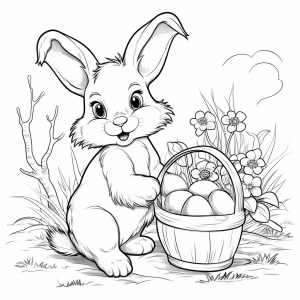 Coloriage de Lapin avec un panier de Pâques rempli d’œufs