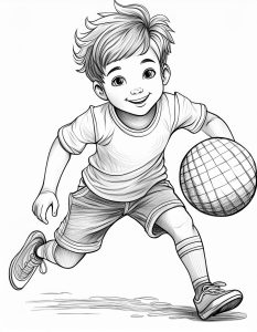 Página para Colorear Imprimible de un Niño con Balón de Baloncesto