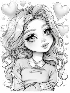 Момиче, балони и сърца * Рисунка за оцветяване