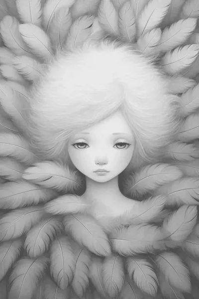 Рисунка на момиче и много пера * Оцветяване за възрастни