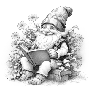 Page de coloriage pour adultes d’un nain lisant un livre