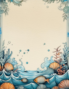 Deniz Temalı Çerçeveli Yazı Sayfası * Dalgalar, Mercanlar, Balık, Deniz Yosunu * Çizgi Yok