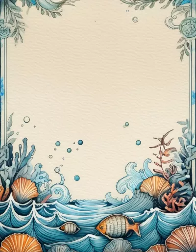 Страница за писане с рамка на морска тема * Вълни, корали, риби, водорасли * Без редове