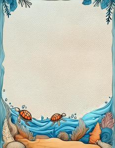Deniz Temalı Çerçeveli Renkli Yazı Sayfası * Kaplumbağalar * Çizgi Yok