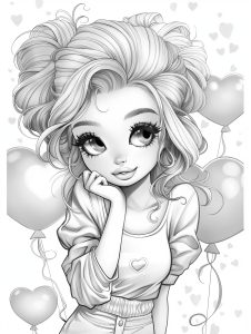 Момиче с балони сърца * За оцветяване