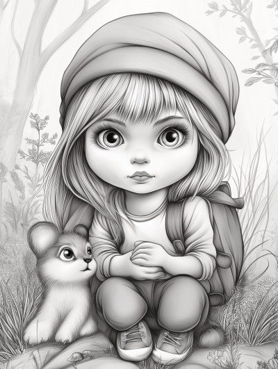Página para Colorear de una Niña con Sombrero, Mochila y Mascota en el Bosque