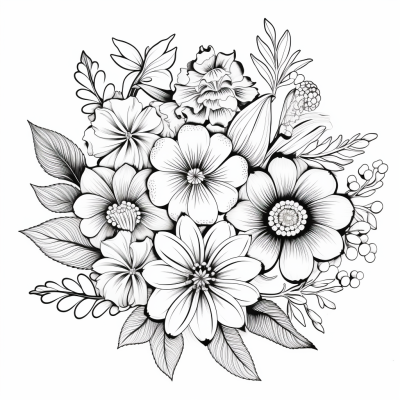 Página para Colorear de un Hermoso Ramo de Flores Brillantes