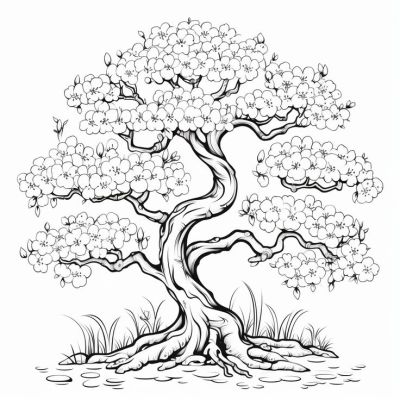 Printable Coloring Page of a Blooming Cherry Tree