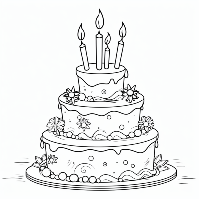 Página para Colorear Imprimible de Tarta de Cumpleaños de Tres Pisos con Glaseado y Velas