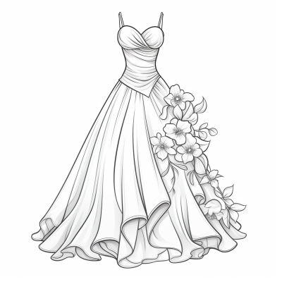 Page de coloriage imprimable d’une belle robe longue avec de grandes fleurs