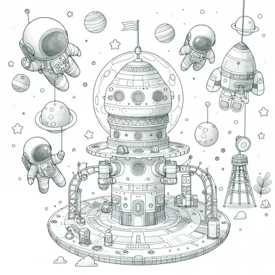 Космическа станция с астронавти за принтиране и оцветяване